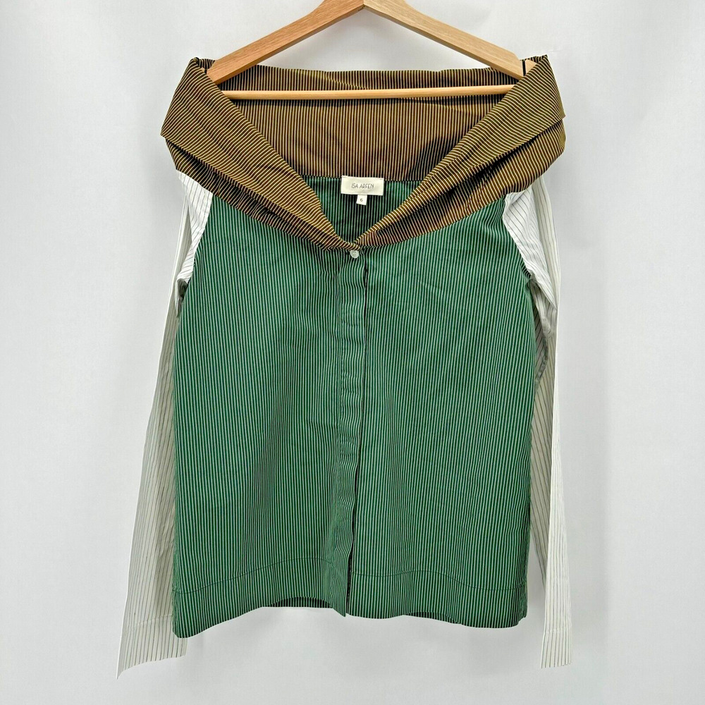 ISA ARFEN Off Shoulder Blouse Womens‎ 2 Green Stripe Button Avant Garde Indie
